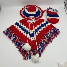 VTG Handmade Toddler Red, White And Blue Crochet Poncho W/ Hat  Purse 70s 80s