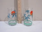 Vintage Anchor Hocking Sunset Palm Tree Tumbler Glass Set Of 2 Retro Beach Rare