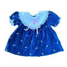 Vintage Baby Velvet Dress 6  9M Blue Rose Embroidery Lace Collar 100 Cotton