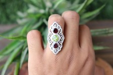 Peridot Ring Two Stone, Handmade Boho Jewelry, Red Garnet  Green Gemstones