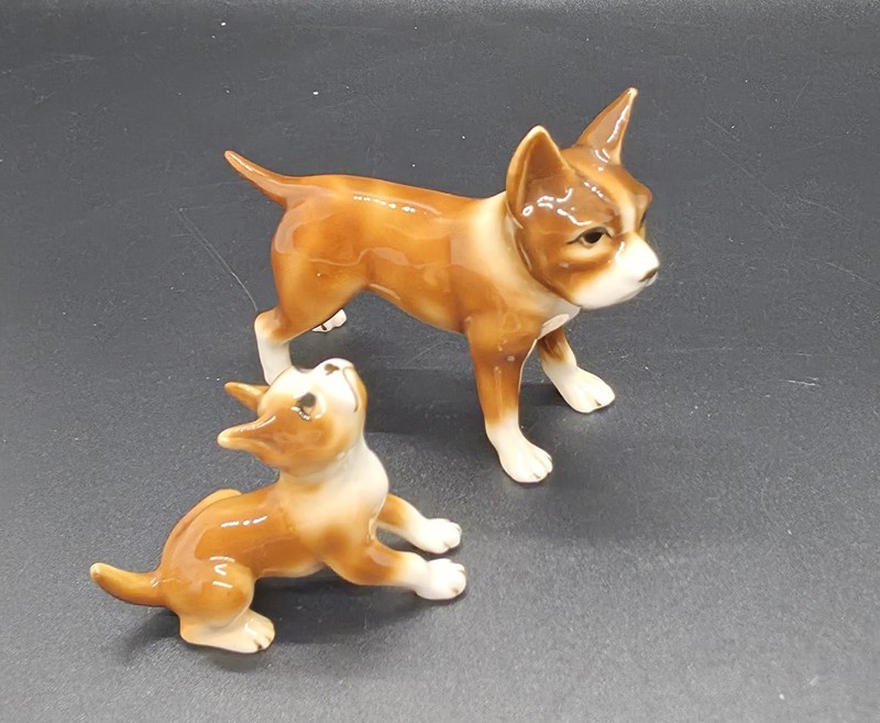 Vintage BONE CHINA MINIATURE Bulldog Dog & Puppy Figurine SHIKEN Japan 