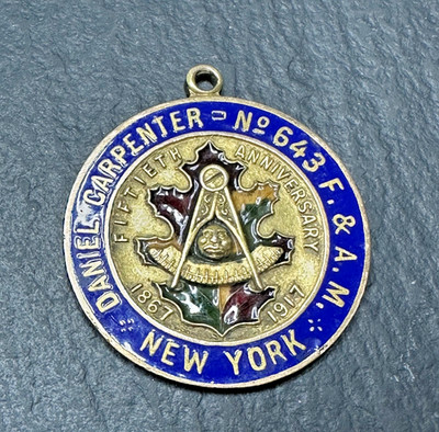 1917 DANIEL CARPENTER F & AM NY MASONIC 50TH ANNIVERSARY GOLD FILLED FOB I967
