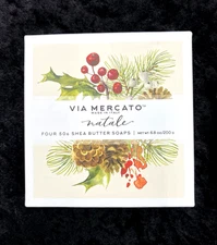Via Mercato (Italy) Natale Gift Set, 4 50-Gram Shea Butter Holiday Soaps, NIB