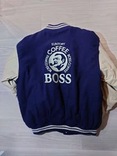 SUNTORY BOSS Stadium Jacket Navy Beige Back Logo Size M Japan Damaged Sleeves