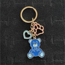 Blue Bear Animal Keychain with Heart, Paw Charms, Detachable Metal Keyring