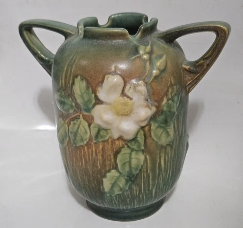 Roseville Floral Art Pottery Vase Green Brown White 8" Matte 372-8