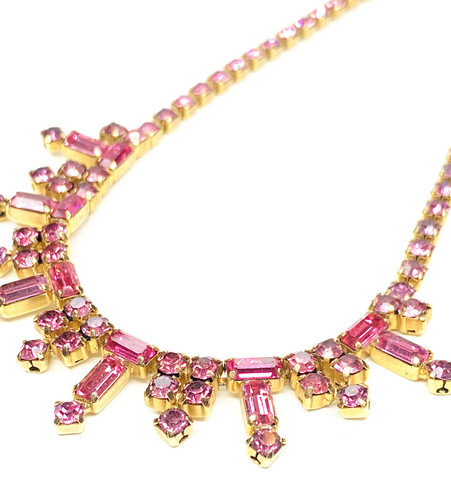 Stunning 🤩 Vintage Stamped Kramer Of NY Pink Rhinestone Gold Tone Necklace 15” - Picture 1 of 13