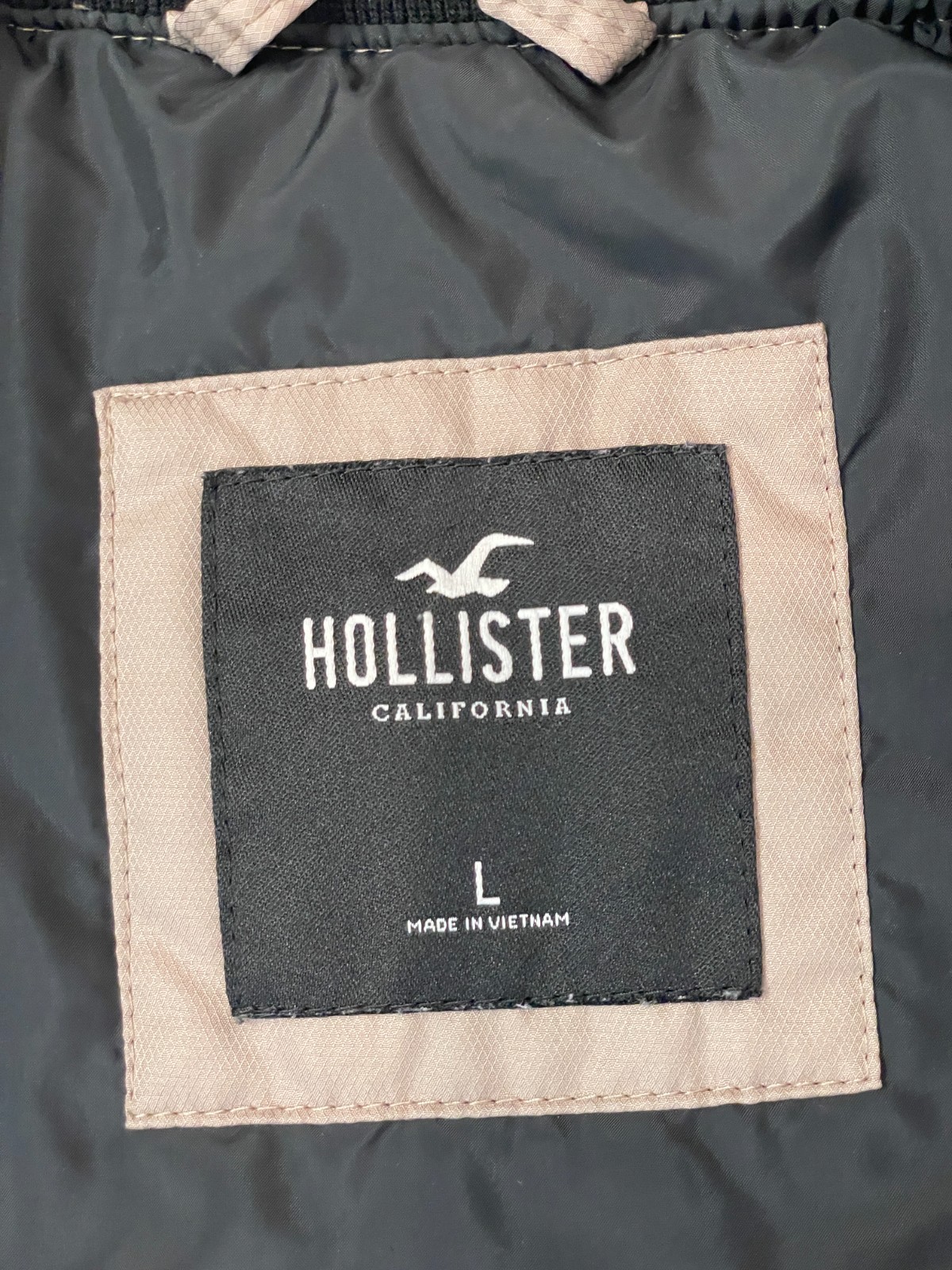 Hollister Bomber Jacket Men L Beige Tan Black Lightweight Embroidered Zip Pocket thumbnail 7