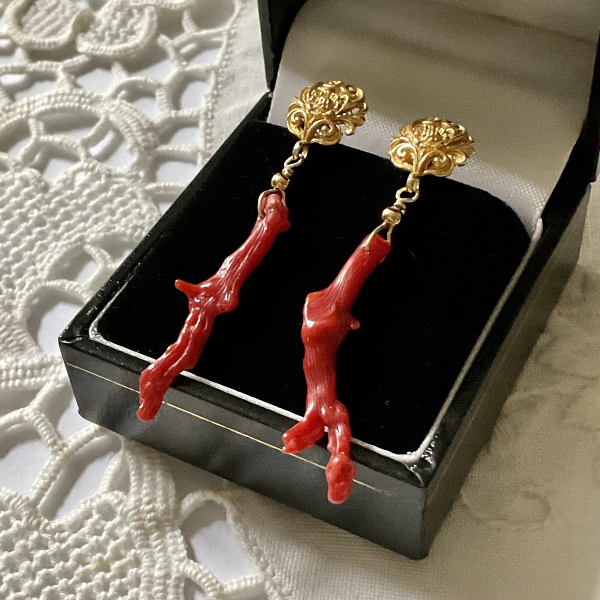 Boucles D'Oreilles Anciennes En Corail Et Vermeil/Argent Massif - Splendide Rouge
