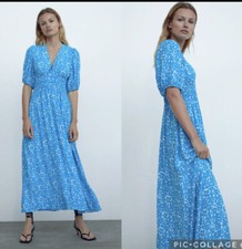 Zara Blue Floral Short Sleeve V Neck Maxi Dress Women’s Small Button Front Slit