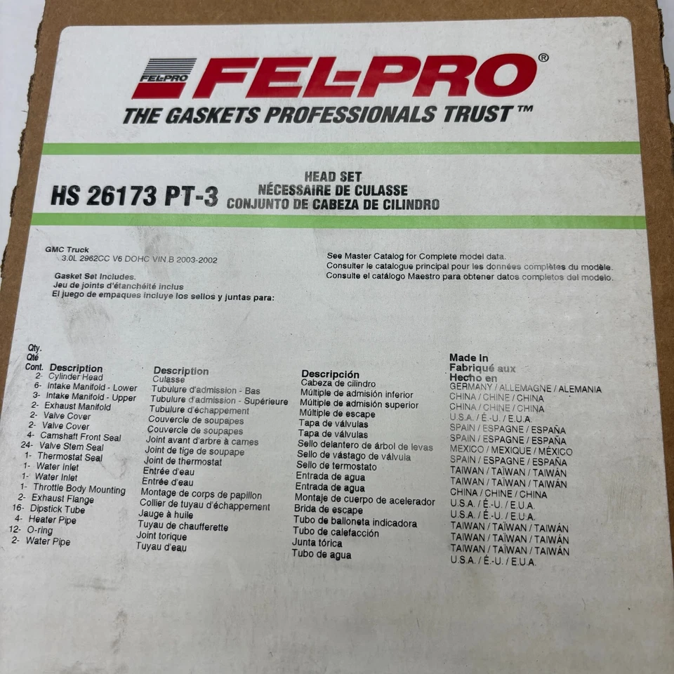 JUEGO DE JUNTAS DE CULATA DE MOTOR FEL-PRO HS 26173 PT-3 HS26173PT3 CAMIÓN GMC 🎯 Foto 2 de 4