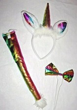 Young Girls Shimmery Rainbow UNICORN Costume Accessories Headband Tail Bow Tie