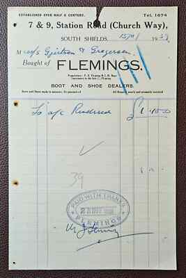 1939 Flemings, Boot & Shoe Dealers, Station Road, South Shields Rechnung