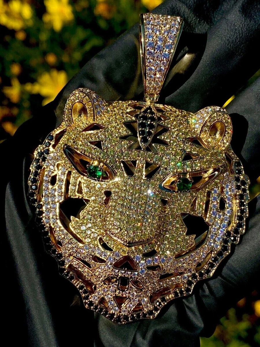 3Ctw Round Real Moissanite Men s Big Tiger Pendant 14K Yellow Gold