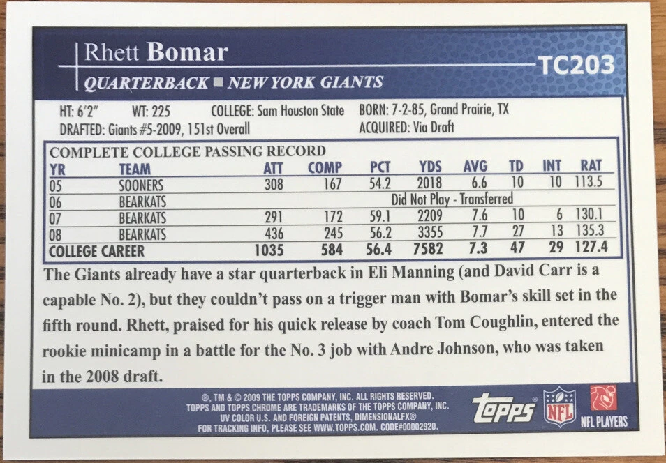 2009 Topps Chrome Rookie Autographs Rhett Bomar #TC203 New York Giants - Image 2 of 2