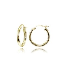 Gold Tone over Sterling Silver 2mm High Polished Round Hoop Earrings, 15mm