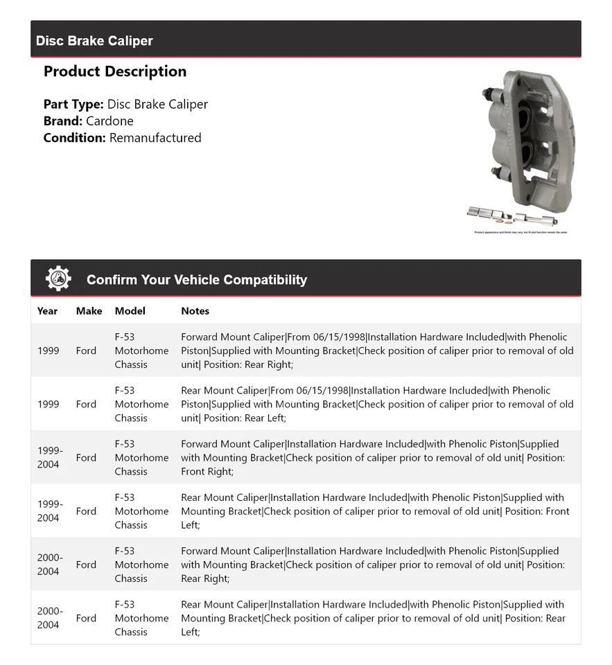 Pinza de freno de disco cardone 2000 2001 chasis autocaravana Ford F-53 1999-2004 Foto 2 de 4