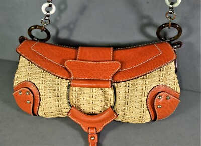 DOLCE GABBANA Orange Leather Beige WickerTote Shoulder Bag Cross