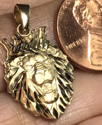 GOLD 14k Lion head crown king pendant Yellow Diamond Cut necklace 2.6g 1”