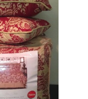 NEW ROSE TREE BORDEAUX RED BEIGE 4 PIECE QUEEN  COMFORTER SET + 2 THROW PILLOWS