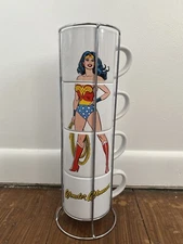 Set 4 DC Comic Mugs Stackable Wonder Women Stand Ceramic Coffee Tea Holder White