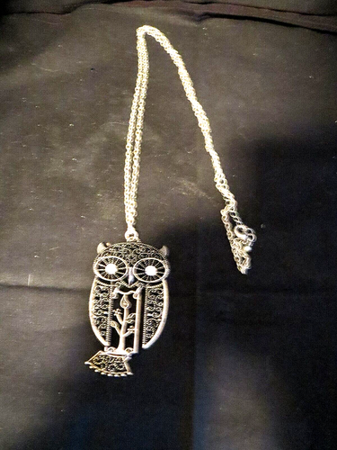 Vintage Owl Pendant Necklace-Rhinestone Eyes-Moveable Part #2898 - Picture 2 of 4