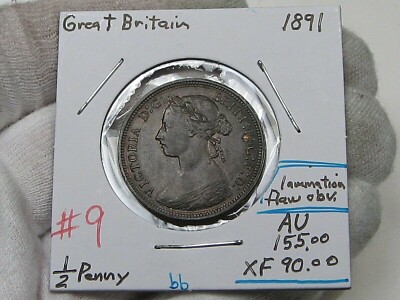 XF 1891 Half Penny Great Britain Victoria Lamination Flaw Obverse