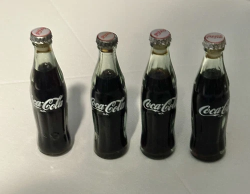 Vtg Lot of 4 Miniature Glass Coca-Cola "Coke" Bottles with Metal Lids 3" (24B11)