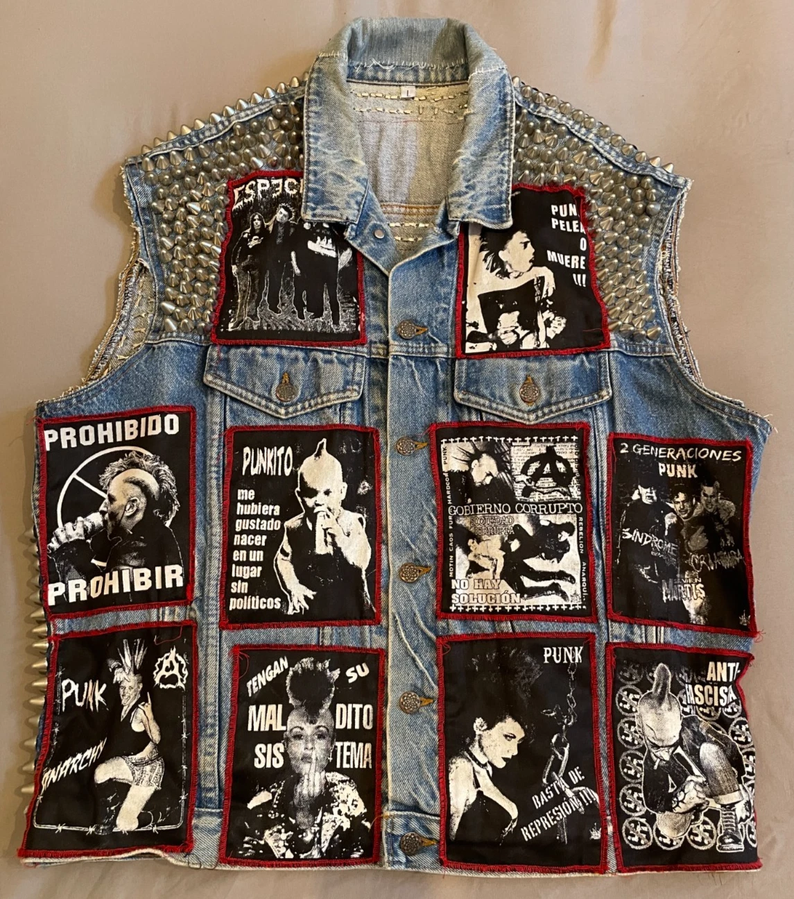 RARE Mexican/Latinx PUNK vest. Los Crudos, Tozcos Studded, patched, denim L / XL image 1