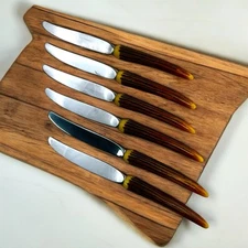 Six Vintage Stainless Steel Bread Knives Faux Stag Horn Antler Handle MCM