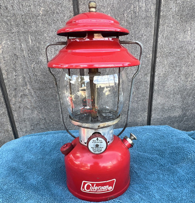 Coleman 200A White Gas Camping Lantern, Red Metal/Glass, Date 3/70