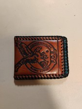 Vtg Hand Tooled Leather Bi Fold Wallet Fest. Eagle Motif"Justice Equality...
