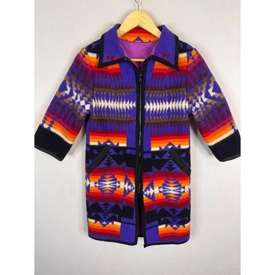 Vintage Southwestern Geometric Wool Blanket Coat Purple Orange Women XS/S Jacket
