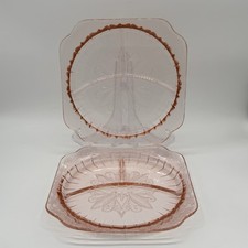 Vtg Jeanette Adam Pink Depression Glass 9.5" Divided Grill Square Plate Granny