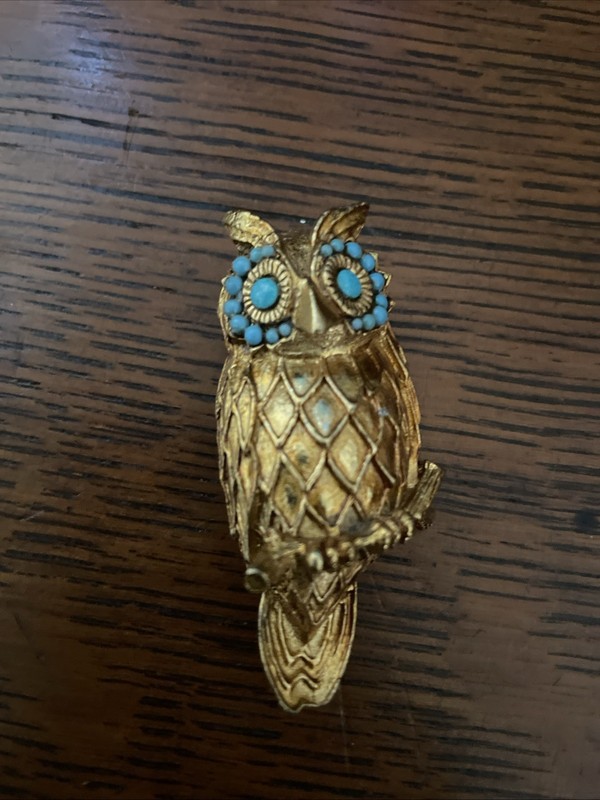 Vintage Gold Tone Faux Turquoise Owl Pin Brooch 2 1/2"