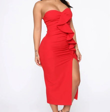 Fashion Nova Red Strapless Ruffle Bodycon Midi Dress Size