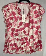 NWT Haver & Blair Ruffle Sleeve V Neck Blouse In Natural And Pink Tones Sz XL