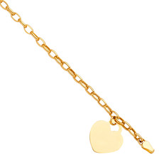 14K Solid Yellow Gold Rolo Bracelet Heart Charm 7.5" Engravable 3.8g Women Gift