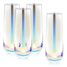 Iridescent Stemless Champagne Flutes, Wine Glasses for Cocktails (10 oz, 4 Pack)