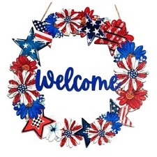 4th of July Hanging Door Sign Wooden Double-Sided Printing American Star Flower