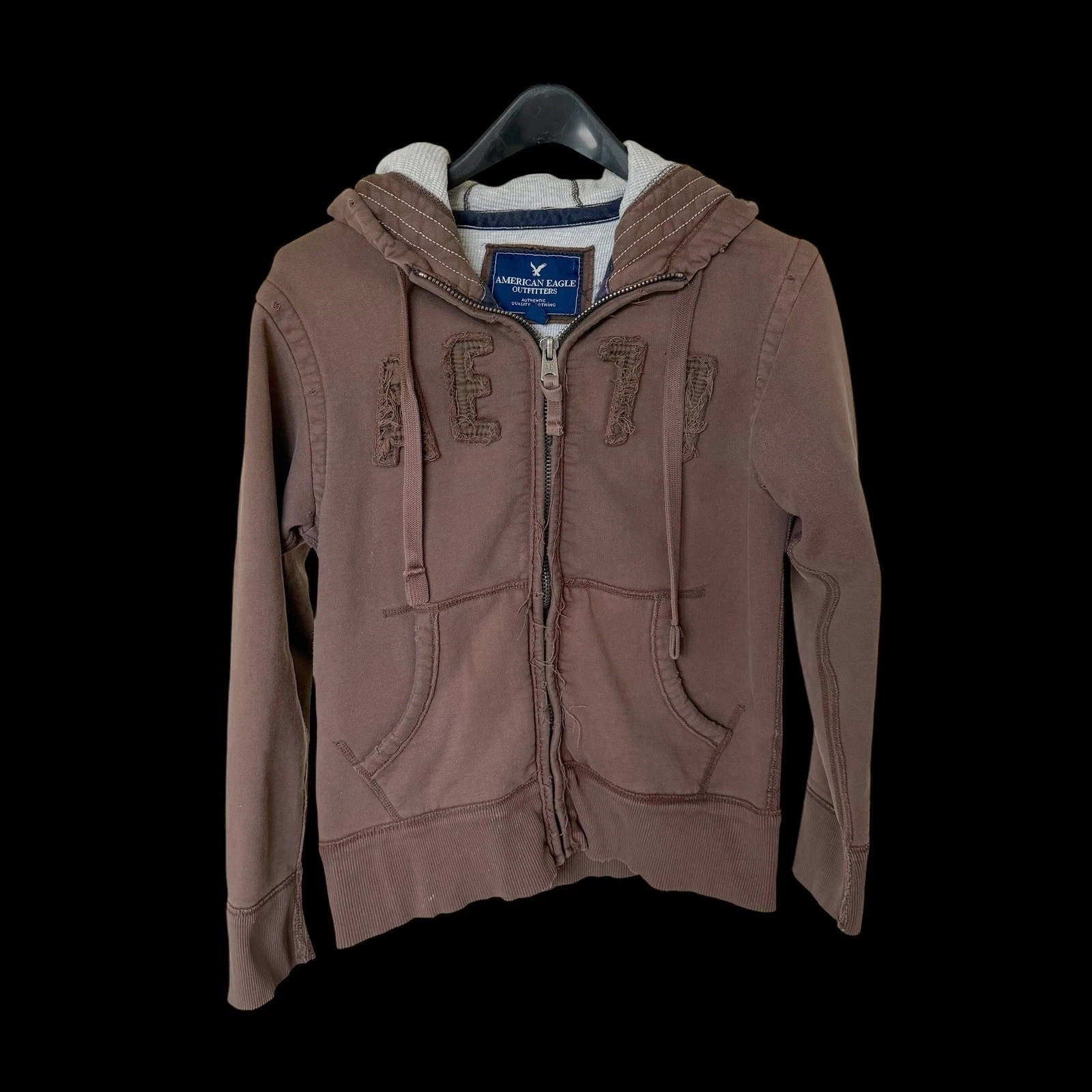 90's American Eagle Outfitters Brown Zip Up Hoodie Small Distressed Waffle Lined
