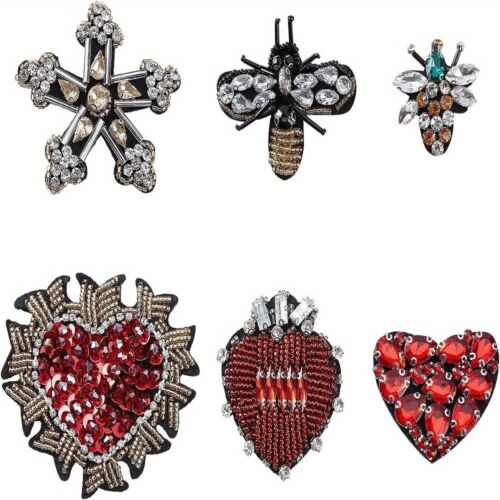 1bag 6pcs 6 Styles Handmade Rhinestone Beaded Patches Heart Star Rhinestone
