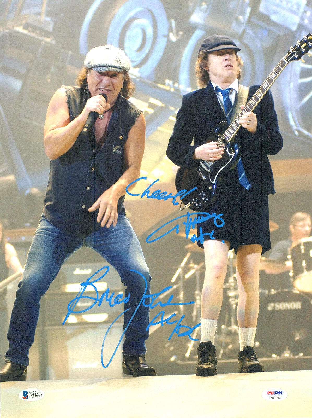 BRIAN JOHNSON ANGUS YOUNG SIGNED AUTOGRAPH AC/DC 11X17 PHOTO BECKETT ...