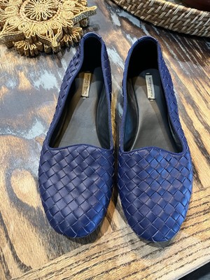Authentic Bottega Veneta Leather Woven Navy Flats 37.5