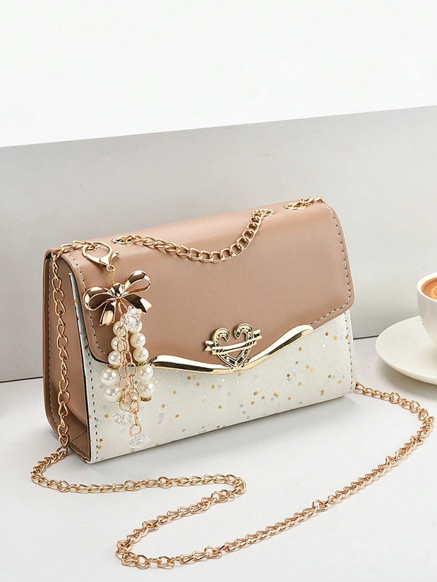 Star Pattern Bow Faux Pearl Decor Chain Flap Square Bag Shoulder  Bag,Crossbody