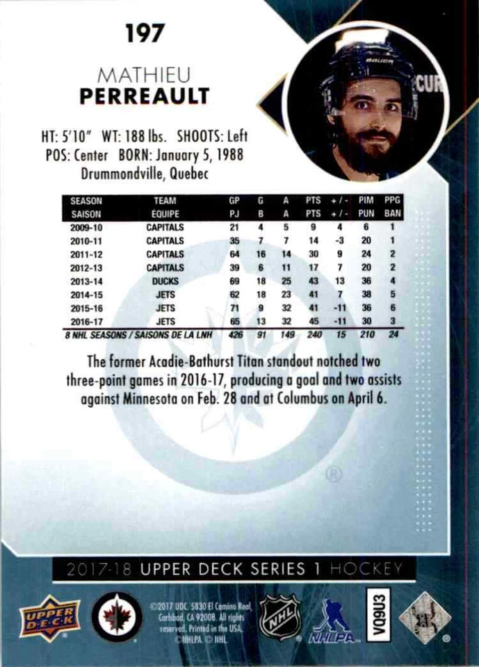 2017-18 Upper Deck Mathieu Perreault #197 - Image 2 of 2