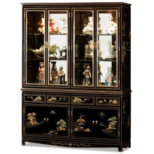 US Seller - 60in Black Lacquer Chinoiserie Oriental China Cabinet