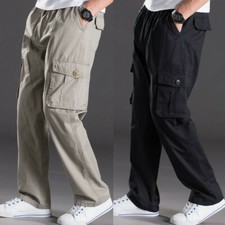 Men Multi Pocket Casual Cargo Pants Trousers Slim Elastic Waist Loose Over Size