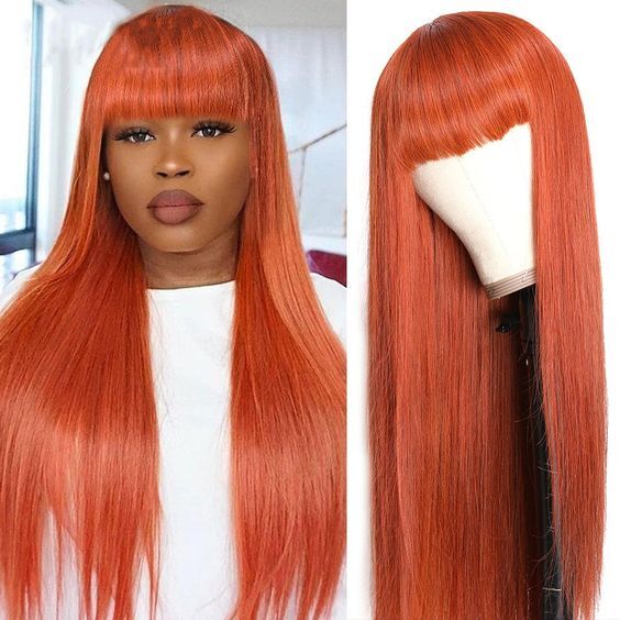 Women Girl Long Orange Straight Wig With Bangs Highlight  display picture 1
