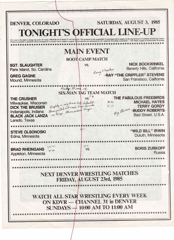 1985 AWA Denver Wrestling Lineup Sheet Sgt Slaughter Bockwinkel Freebirds